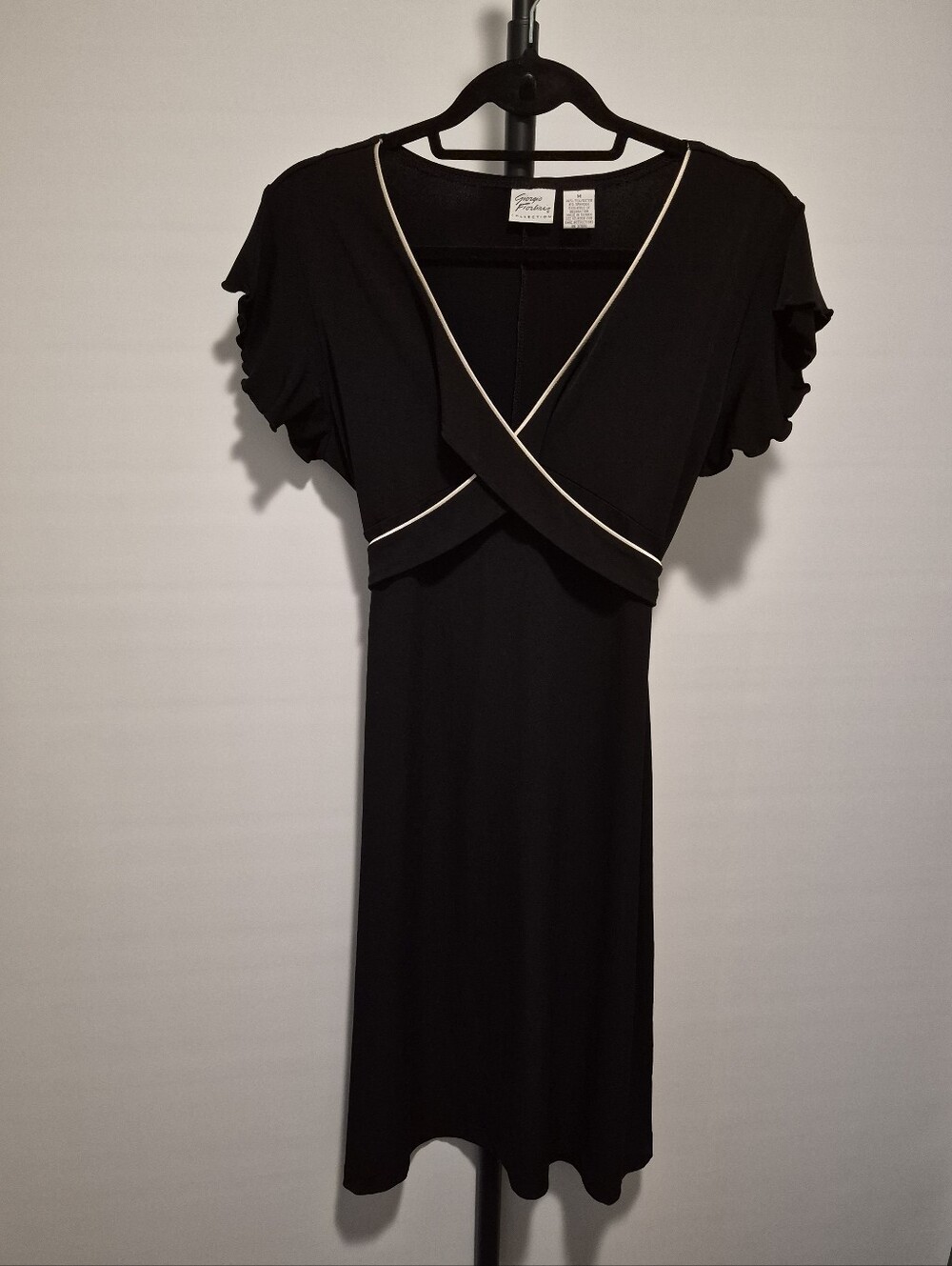 Giorgio Fiorlini Y2K Black Crossover Mini Dress With Cream Piping, Medium, EUC